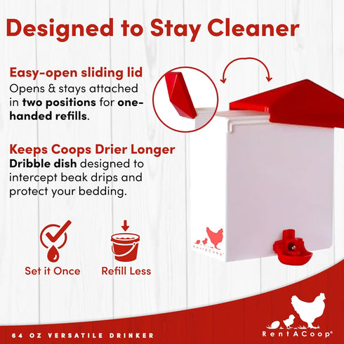 64oz (2 2 RentACoop Liter) Chicken Drinker with Versatile Nipples - Ideal for Baby Chicks, Quail, Small Birds