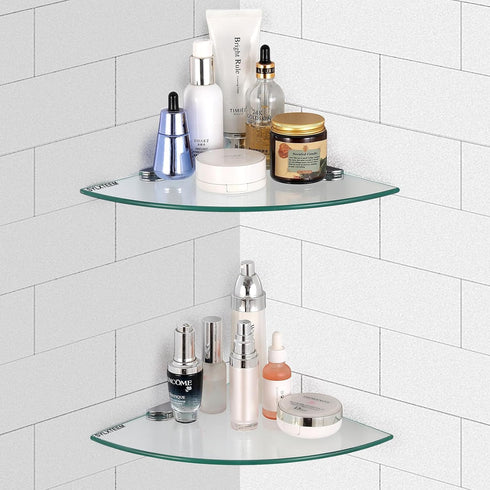 9.8" 9.8", 2 Pack Glass Corner Shower Shelves, Tempered Floating Glass Shelves Wall Mount, Shower Caddy Organizer