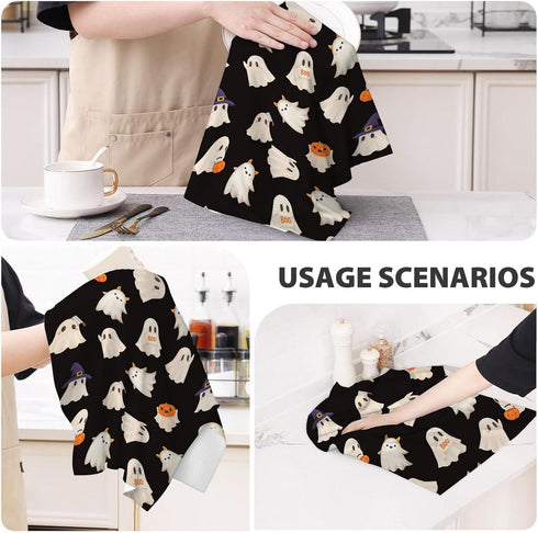 16x24 Inch Set 2 Halloween Kitchen Towels Black Cute Ghost Pumpkin Fall Decor Dish Towels Autumn Harvest Thanksgiving