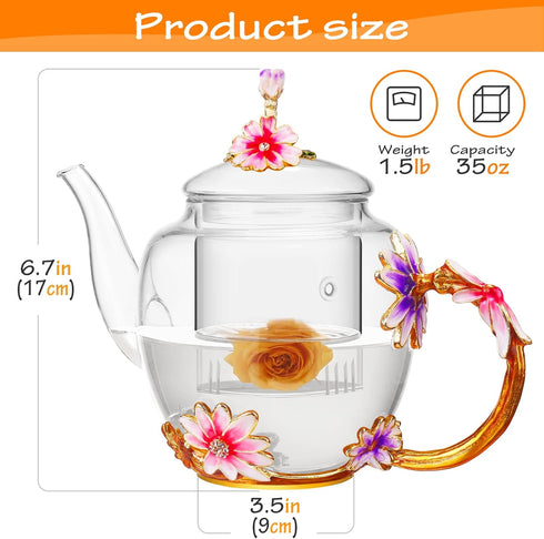 35OZ Luka Tech Enamel Glass Flower Teapot With Removable Loose Tea Leaf Infuser Tea Maker,Gifts For Women,Mom,Mothers