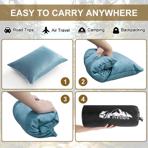 Ivellow Compressible Memory Foam Travel Pillow - Shredded Firm Supportive Camping Pillow for Adults Kids, Blue-M