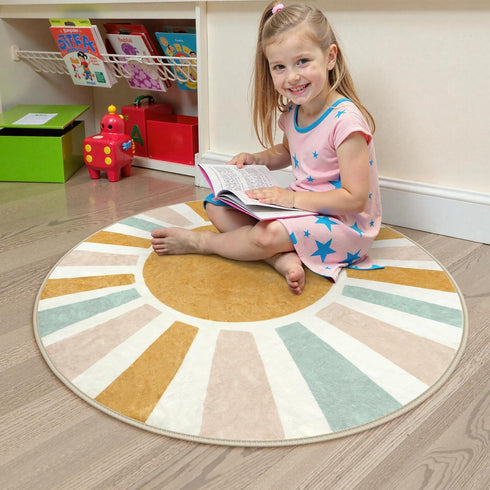 4ft LIVEBOX Retro Sun Round Rug Boho Rug for Nursery Room,Non-Slip Circle Ultra Soft Cute Colorful Kids Rugs