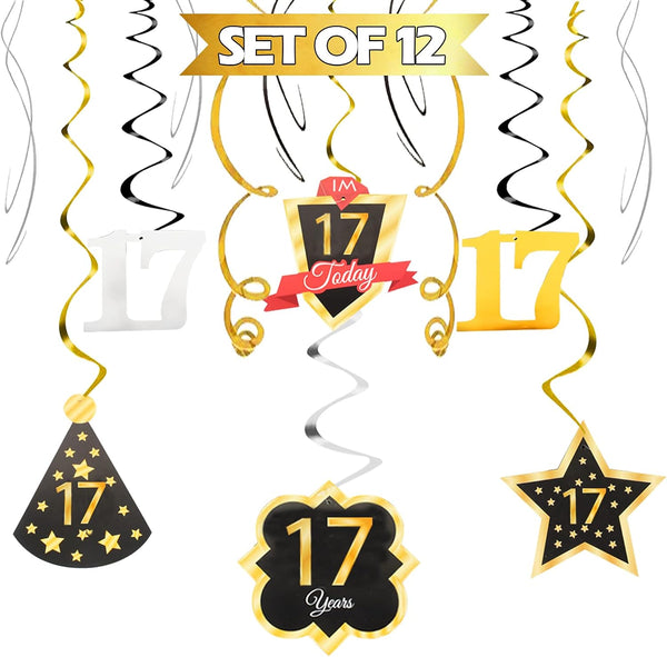 LINGTEER Happy 17th Birthday Decorations - 12 Pcs Black & Gold Foil Swirls Streamer Set for Seventeen Years Old Bday