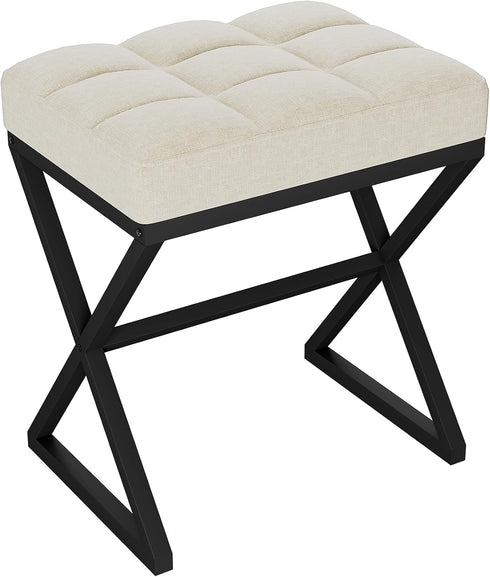 YMYNY Vanity Stool, Linen Footrest Stool, Ottoman Bench with X-Shaped Metal Legs,
