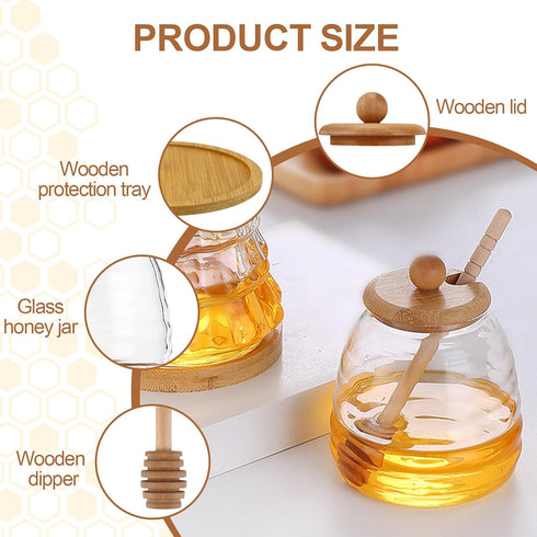 ASTRQLE 16.7 Oz Glass Honey Jar with Dipper and bamboo Lid Honey Pot Honey Container Holder Syrup Dispenser for Home