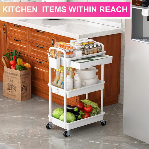 3 2 Goovilla Tier Rolling Utility Cart Organizer with Removable Drawer, Stable and Sturdy White Rolling Storage Carts