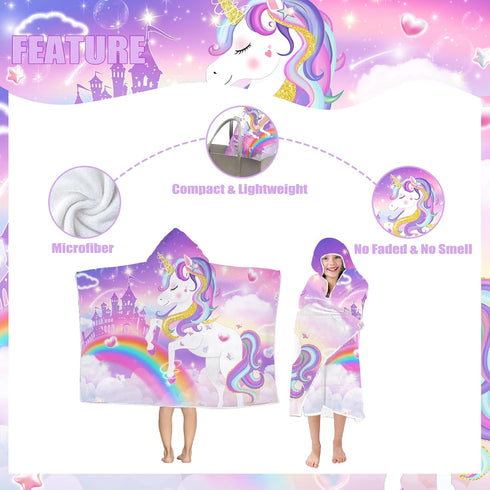 FUTBU 30x50, Unicorn Hooded Beach Towel, Unicorn Kids Hooded Poncho Towel for Girls, Cute Cartoon Soft Absorbent Bath