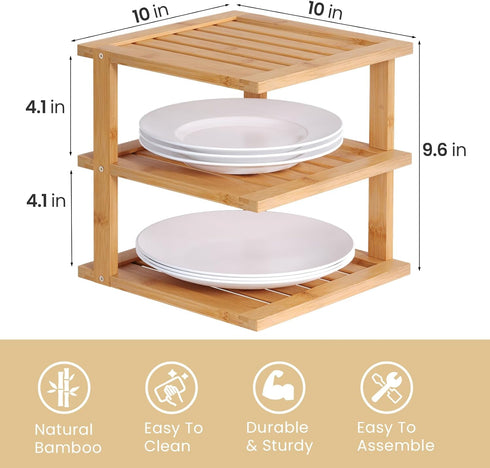 2 Pack Shelf,3 Bamboo Corner Tier Kitchen Cabinet Organizer for Plates and Dishes,Pantry Storage and Spice RackNatural