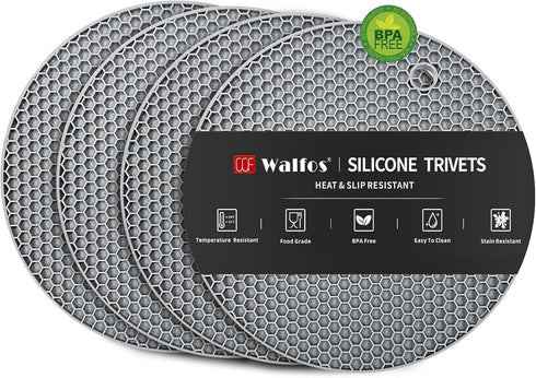 Walfos Silicone Trivet Mats - 4 Heat Resistant Pot Holders, Non-Slip Hot Pads for Kitchen, Food Grade Silicone