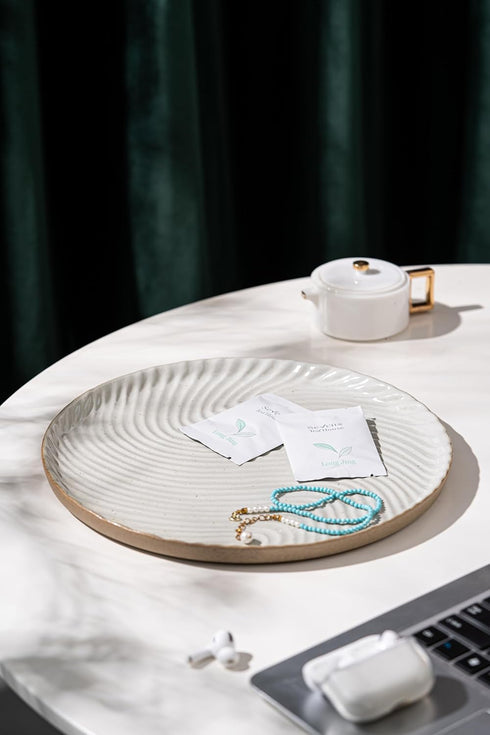 Vanity Tray with Brown Trim, Decorative Round Tray for Bathroom, Countertop, Perfume Holder Organizer, Dresser, Table,