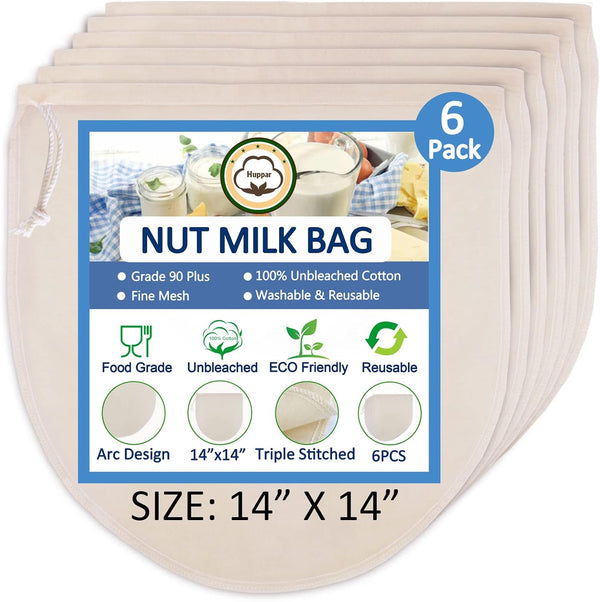 6 Pack 14"x14" Nut Milk Bags, 100% Unbleached Cotton Food Strainer for Almond/Oat/Soy Milk, Reusable Cheesecloth