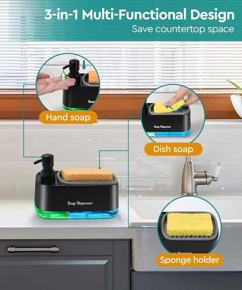 Kitchen Dish Soap Dispenser Set,Dish and Hand Soap Dispenser with Sponge Holder, 3-in-1 Countertop Sponge Dual Soap Pump Dispenser for Kitchen Sink - Black by Eavida