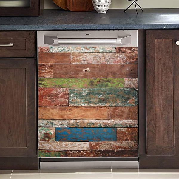 Old Wood Plank Dishwasher Magnetic Cover, Self Adhesive Magnet Refrigerator Decal, Home Appliances Decorative Stickers