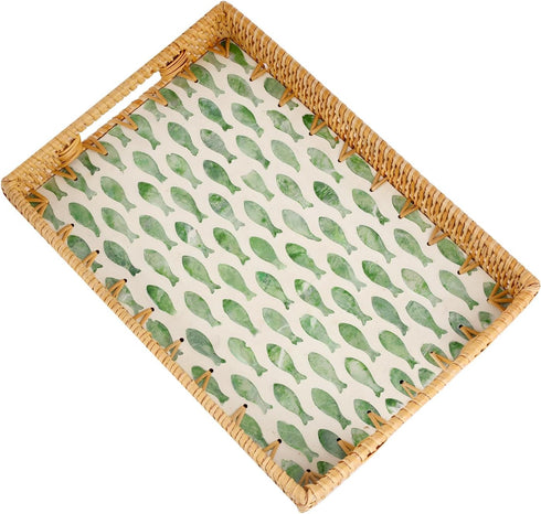 Rectangle Rattan Tray with Mother of Pearl Inlay, Rattan Serving Tray with