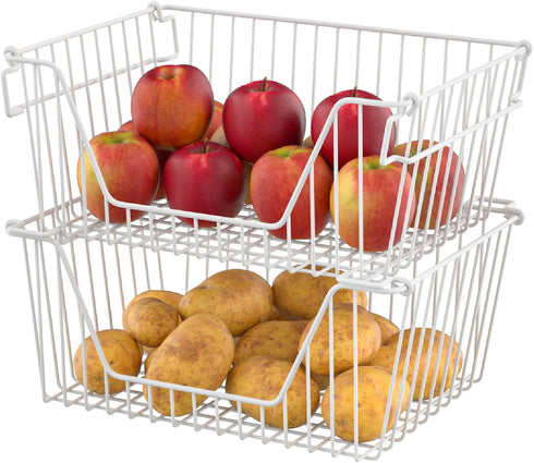 Slideep 14'' Large Stackable Storage Baskets - Sturdy Metal Wire Pantry Organizer, 2 Pack, White