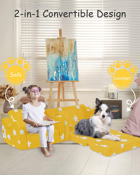 2-in-1 KokoSelene Toddler Couch, Kids Couch for Toddler Fold Out, Convertible Kid Sofa to Lounger Bed for Girls