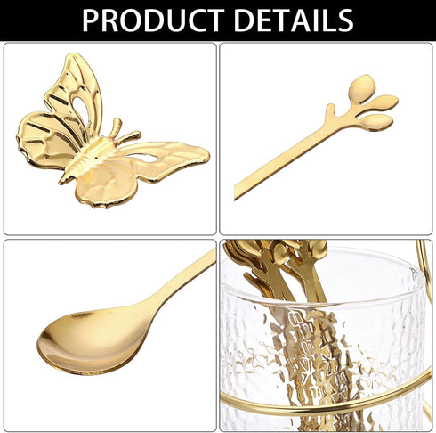 ELLDOO Coffee Spoon Set with 8 Gold Leaf Stainless Steel Spoons and Clear Glass Holder for Mixing