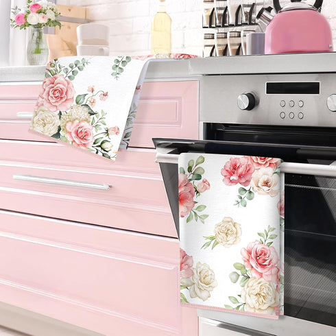 15.7 23.6 Inch, Pink Flower Microfiber Kitchen Towels, Soft Absorbent Watercolor Floral Hand Towel Thick Dish Cloth