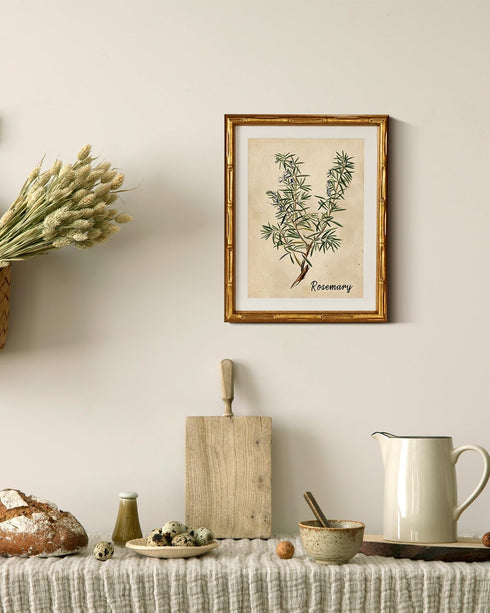 11x14inch InSimSea Gold Bamboo Framed Canvas Wall Art, Retro Herbs Rosemary Botanical Paintings, Antique Vintage