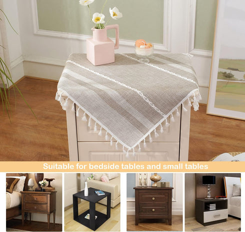 HPX HOME 2pcs 23 23 Inch, Linen Striped Small Tablecloth Square Cotton Tassel Bedside Table Cover Dust-Proof Washable