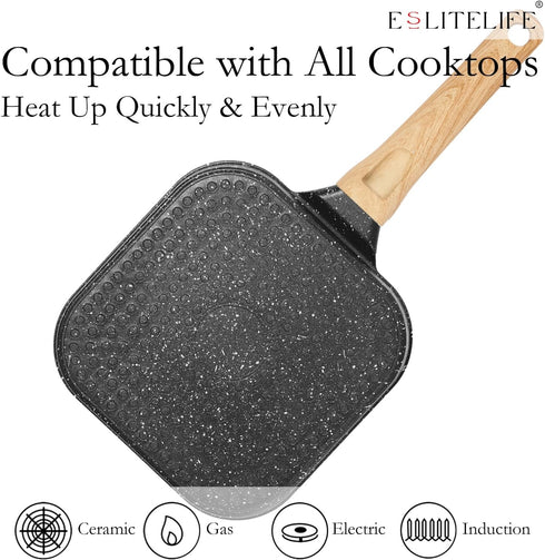 ESLITE LIFE 8 Inch Nonstick Small Grill Pan, Versatile Induction Square Grilling Skillet for Indoor Cooking