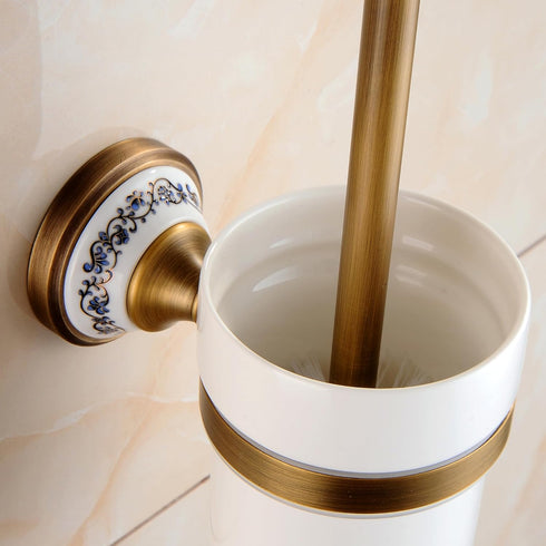 Toilet Brush with Holder for Bathroom, Antique Bronze Wall Mounted Hardware Accessories, Porcelain Design