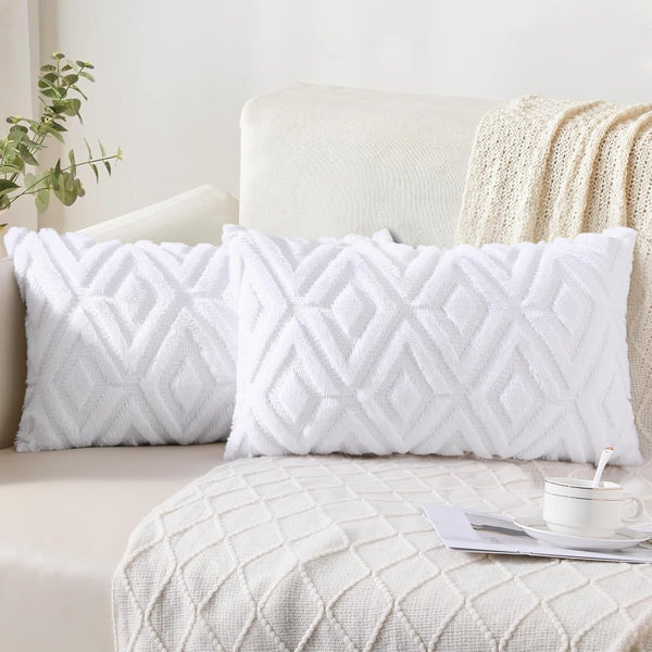 Soft Faux Fur Throw Pillow Covers, 12x20 Decorative Lumbar Covers, Set of 2 Pure White with 3D Diamond Pattern