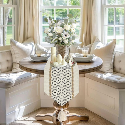 12 46 Inches, yuboo Boho Table Runner Triangular End * Coffee Table Runner with Tassels, Macrame Dresser Runners Scarf