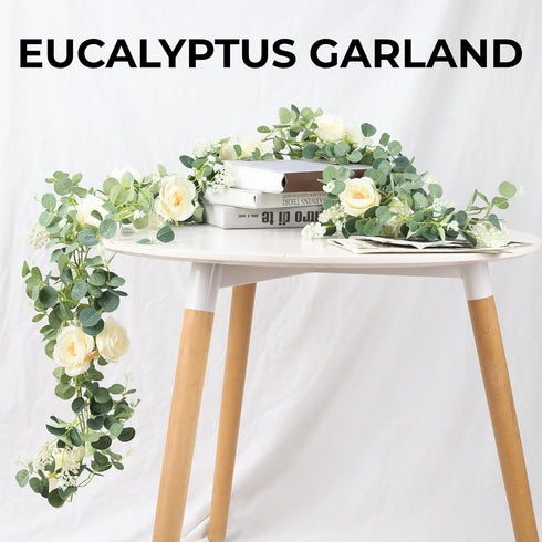 Der Rose 4 Pcs 13Ft Artificial Eucalyptus Flower Garland with Fake Silk Rose and Greenery for Decor