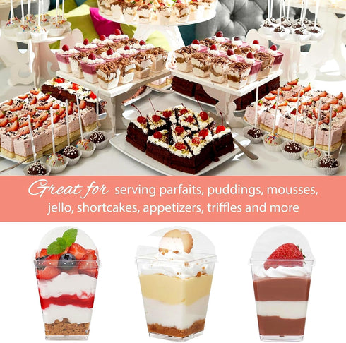 25 Pack 5 oz Zezzxu Dessert Cups with Dome Lids and Spoons, Plastic Pudding Cups with Lids Mini Parfait Shooter Cups