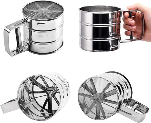 Stainless Steel Flour Sieve, Semi-Automatic 2 Cup Sifter for Baking, Fine Mesh Coffee Sieve Cup