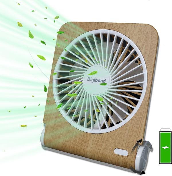 Small Quiet Desk Fan, 5in Rotatable, Foldable & Rechargeable, 3000mAh Battery Operated, Strong Airflow (Light Wood)