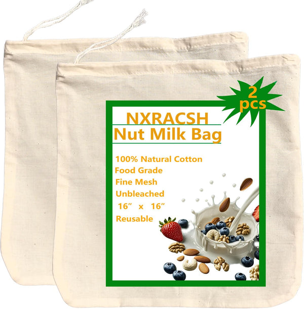 2 Pack XXL 16"x16" Nut Milk Bag - Unbleached Natural Cotton Cheese