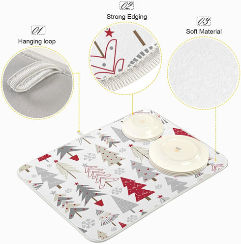 Nander Beautiful Christmas Tree Dish Drying Mat, Absorbent Reversible Dish Draining Mat for Kitchen Counter