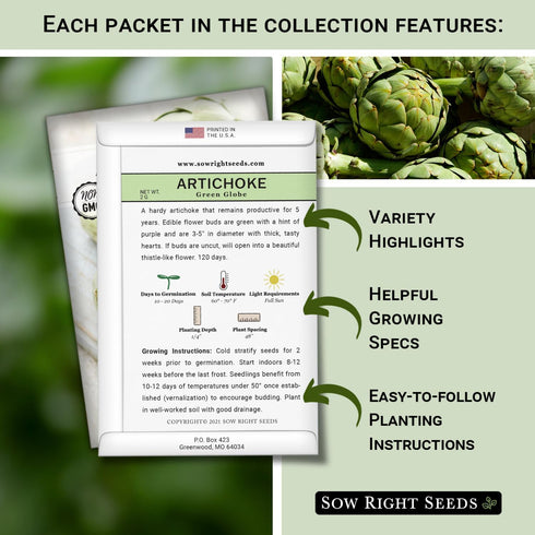 Packets Sow Right Seeds - Perennial Vegetable Seed Collection for Planting - Artichoke, Rhubarb, and Asparagus - Tasty