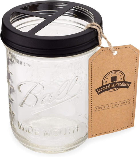 Jarmazing Products Black Mason Jar Toothbrush Holder with 16 Ounce Ball Mason Jar, Rust-Proof Stainless Steel
