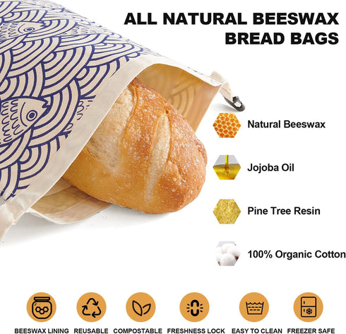 Augine 2 Pack Beeswax Bread Bags for Sourdough, Reusable Bread Bags for Homemade Bread, Natural Cotton Beeswax Storage