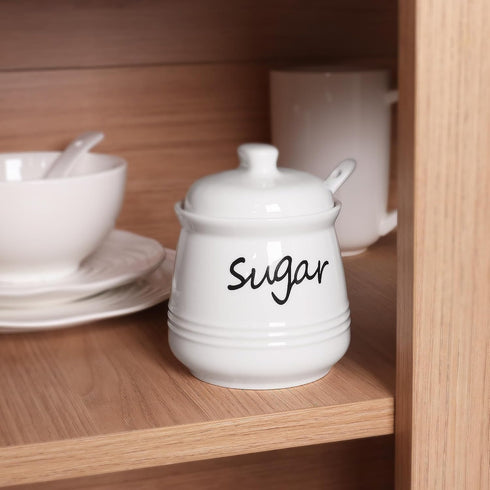 12oz Countertop HAOTOP Ceramic Sugar Bowl with Lid and Spoon, Sugar Jar Sugar Dispenser Sugar Container Coffee Bar