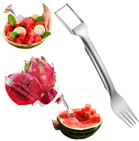 2 in 1 Stainless Steel Watermelon Slicer Cutter, Dual Head Fork Slicer, Fruit Cutting Tool for Picnics