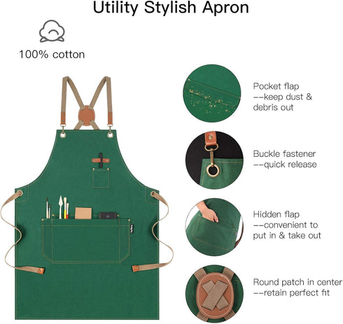 Chef Apron with Cross Back Straps for Men Women - Cotton Canvas Apron for Kitchen Cooking, Artists Painting