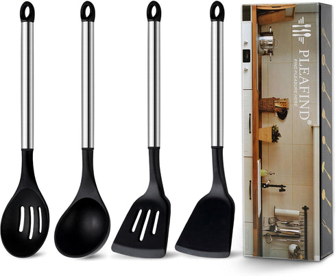 Pleafind 4-Pcs Silicone Cooking Utensils Set, Includes Wok Ladle, Slotted Spoon, Solid Spatula, Slotted Spatula,