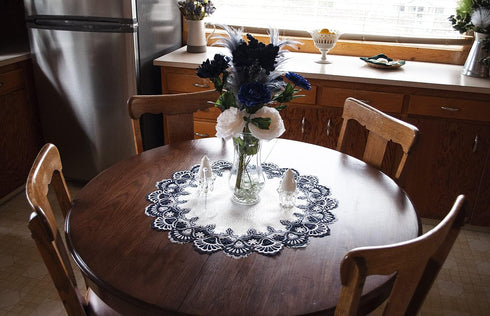 White Navy Blue Jacquard Peacock Tail Lace Doily - 23 inch Round Placemat & Table Centerpiece