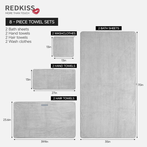 Set 8 8 2 2 2 2 REDKISS Gray Bath Towels Piece - Microfiber Bathroom Towels of Large, Highly Absorbent Bath Towel, Soft