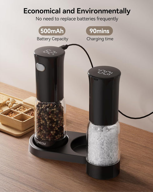 Set 5-Level 4.5oz TOMEEM Electric Salt and Pepper Grinder Rechargeable with LED Power Indicator, Adjustable Grinding
