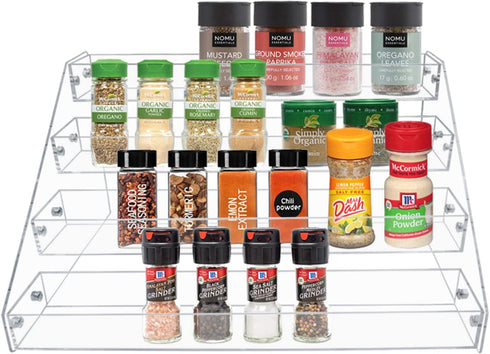 PMMASTO Tiered Spice Rack, Clear Acrylic Vertical Shelves for Kitchen Organization & Storage, 4 Tier