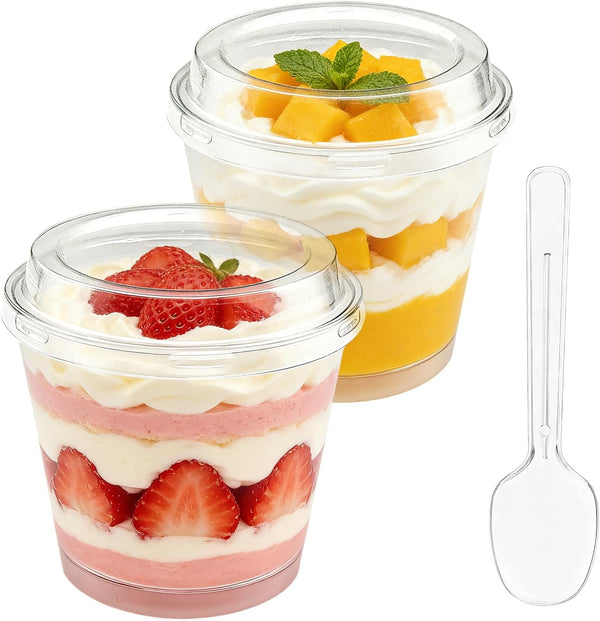 50 Pack 6 oz Plastic Dessert Cups with Lids and Spoons, Clear