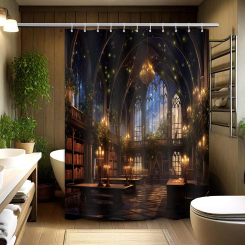 60" 72" Library Shower Curtain Bookshelf School Medieval Magic Book Bathroom Decor, Waterproof Fabric with Hooks W X L