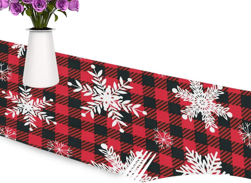 WOOR Double-Sided Snowflakes Table Runner - 13 x 70 Inches Buffalo Plaid Background, Christmas Table Cloth for Holiday
