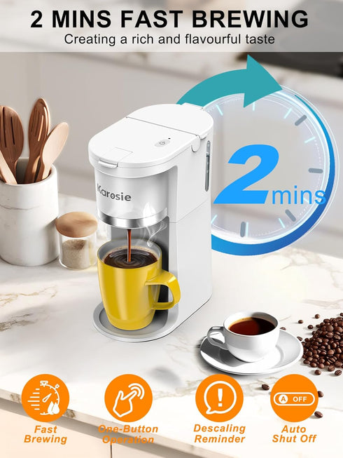 6-12 Oz Reminder,White,9.45 Inches Small Single Serve Coffee Maker, Fast Brew for K-Cup & Ground Coffee, Brew Sizes