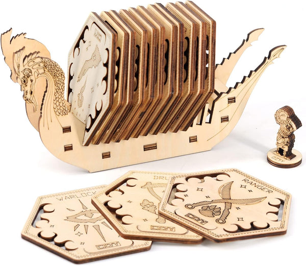D&D Class Coasters Set of 14 with Holder, Hexagon Gaming Mug Mats, Wooden Laser Engraved DND Classes Icons Gift for